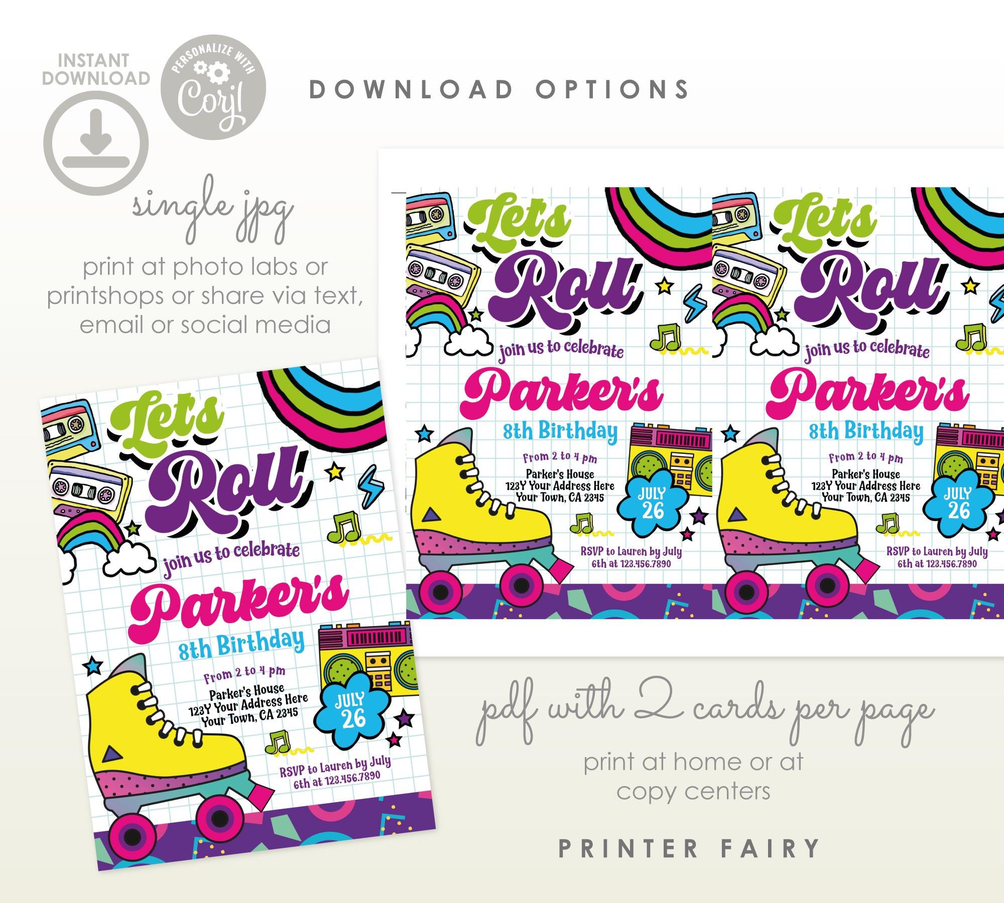 Retro Roller Skate Birthday Party Invitation, Editable Template (Instant Download)