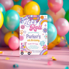 Roller Skate Birthday Party Invitation, Retro 90s Theme (Editable Template)