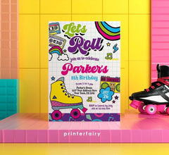 Retro Roller Skate Birthday Party Invitation, Editable Template (Instant Download)