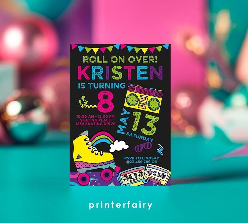 80s Roller Skate Birthday Invitation, Retro Party (Digital Download)
