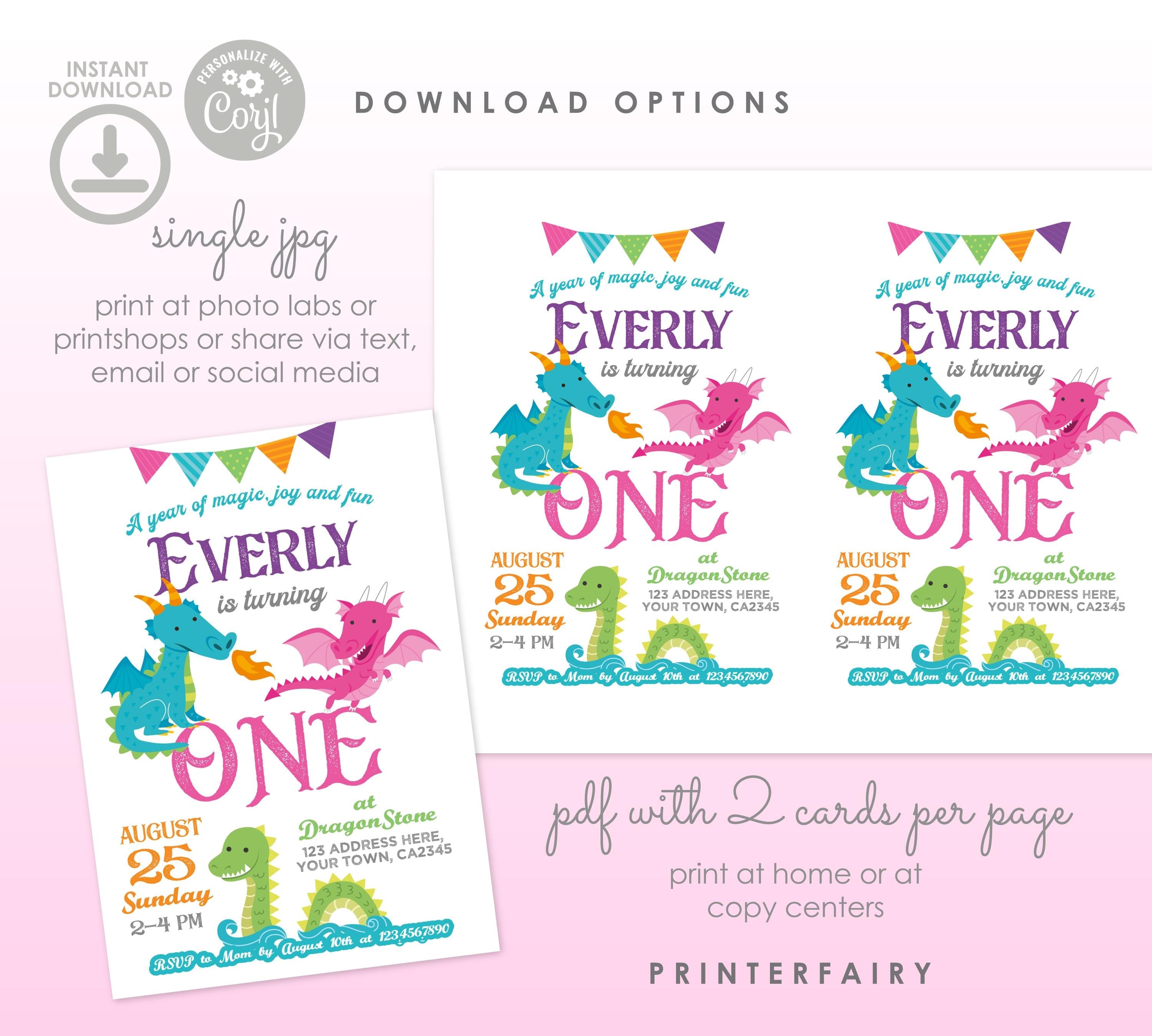 Dragon 1st Birthday Invitation Editable Template, Dragon Princess Party Theme, Digital Instant Download