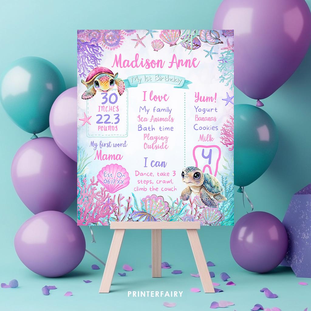 Sea Turtle Birthday Milestones Board, Editable Template (Instant Download)
