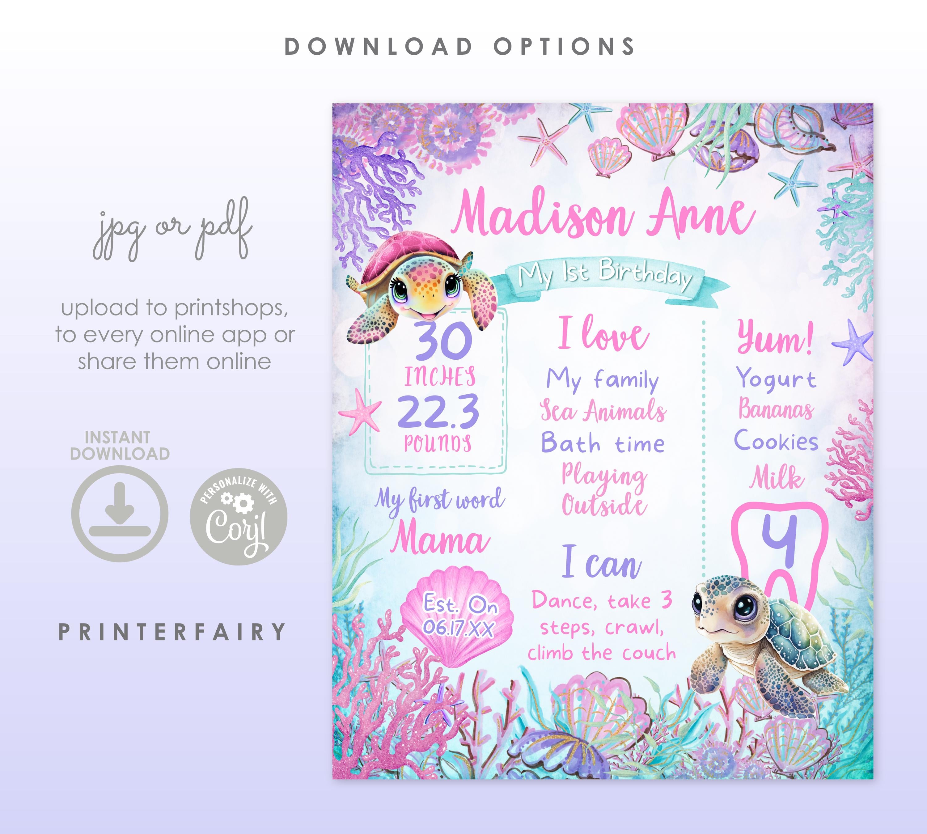 Sea Turtle Birthday Milestones Board, Editable Template (Instant Download)
