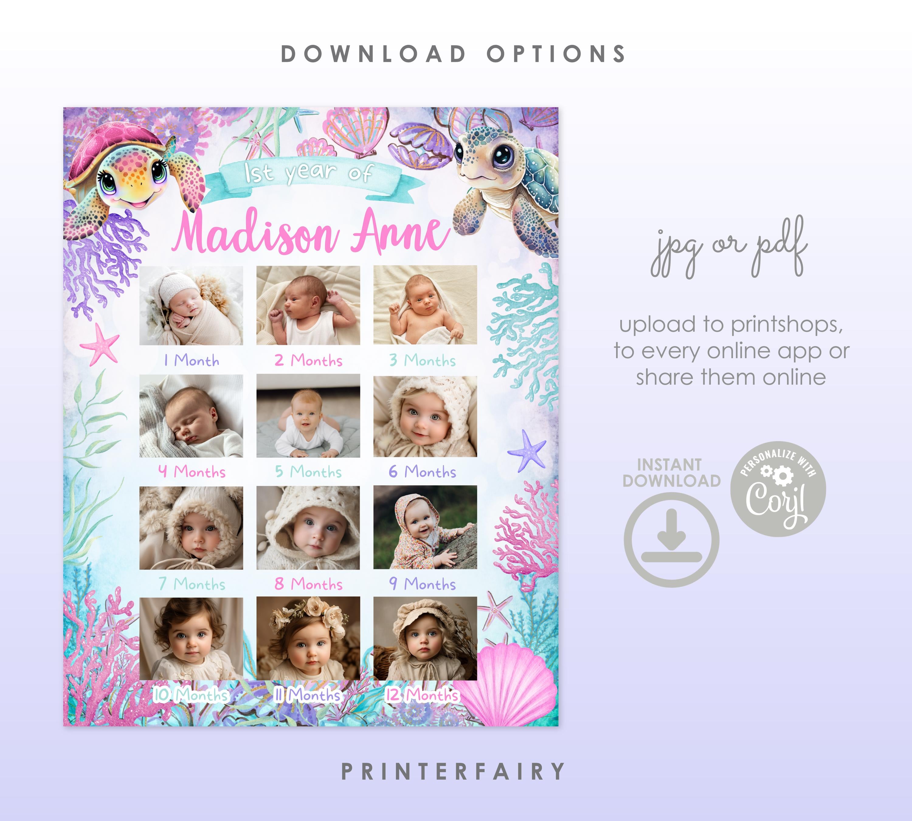 Sea Turtle Birthday Milestones Photo Board, Editable Template (Digital Download)