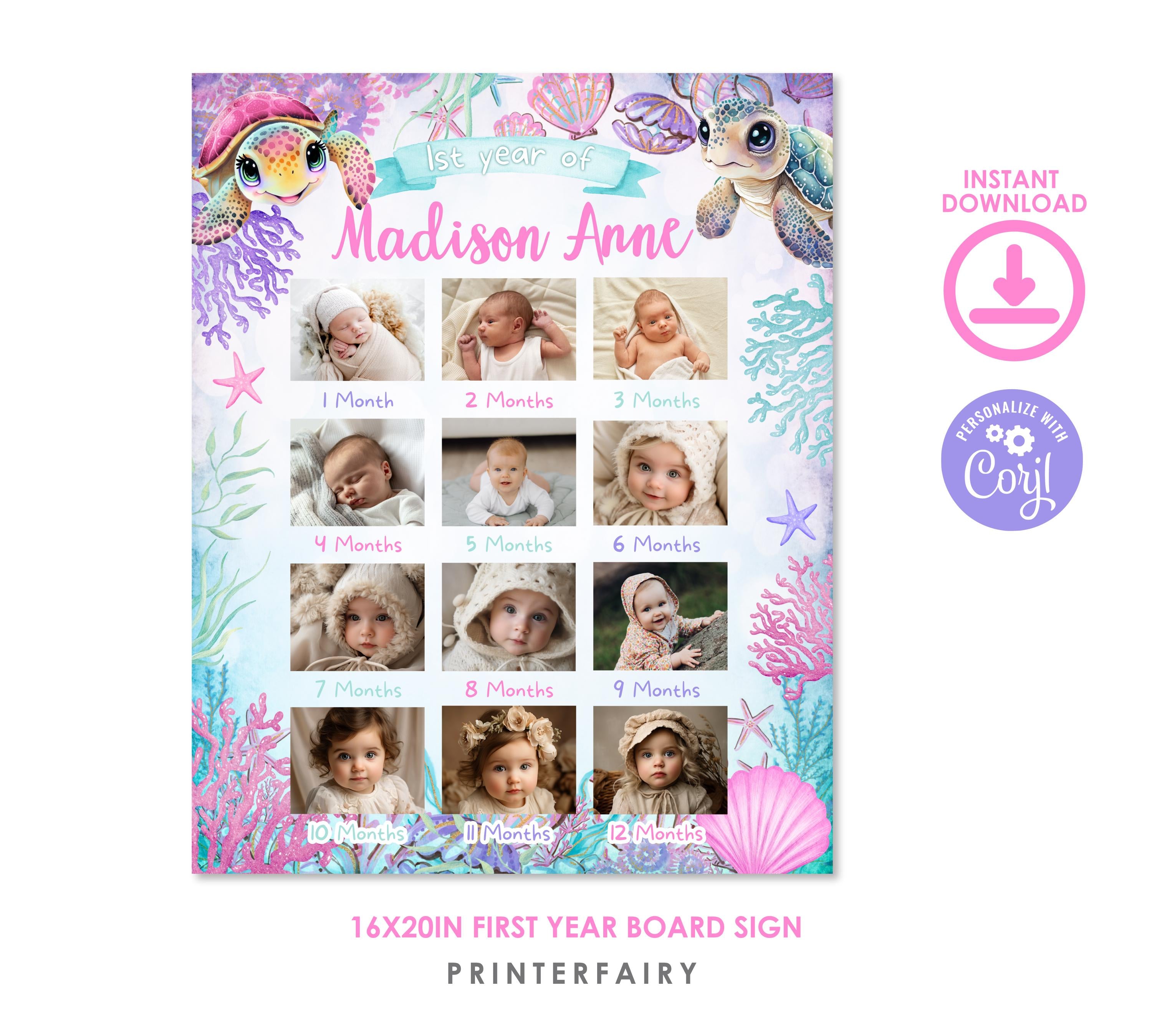 Sea Turtle Birthday Milestones Photo Board, Editable Template (Digital Download)