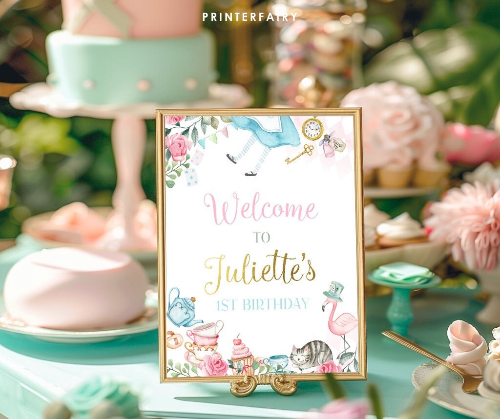 Alice in Wonderland 1st Birthday Welcome Sign, Editable (Digital Download)