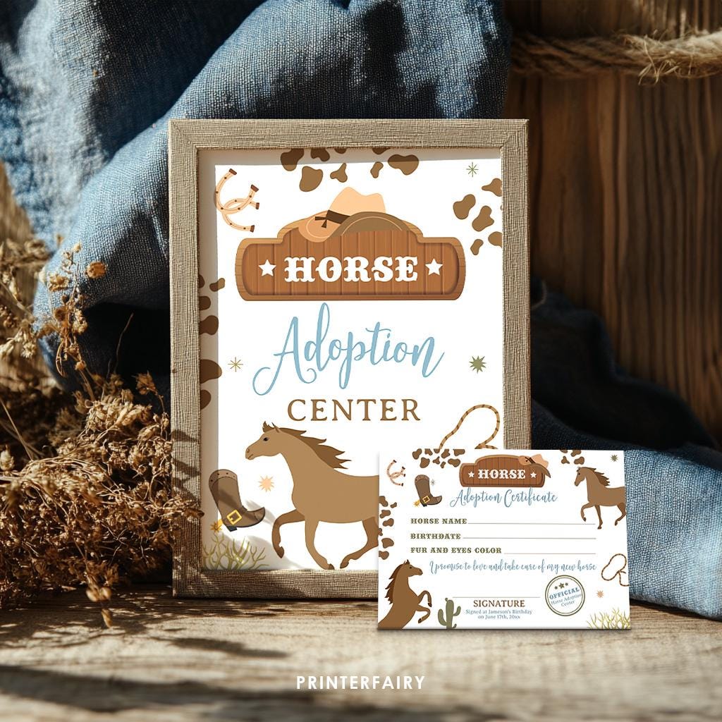 Horse Adoption Party Sign and Certificate, Cowboy Western Birthday (Editable, Digital)