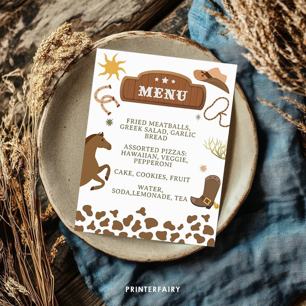 Rodeo Birthday Dinner Menu, Wild West Party Sign (Editable)