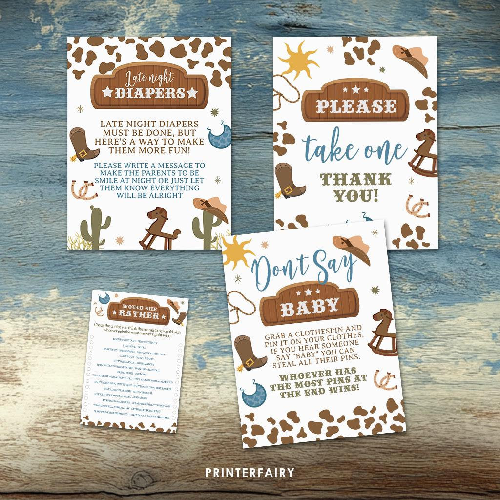 Cowboy Baby Shower Games Bundle, Editable Printable Templates (Digital Download)