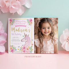 Editable Floral Unicorn Birthday Invitation with Photo (Digital Invite)