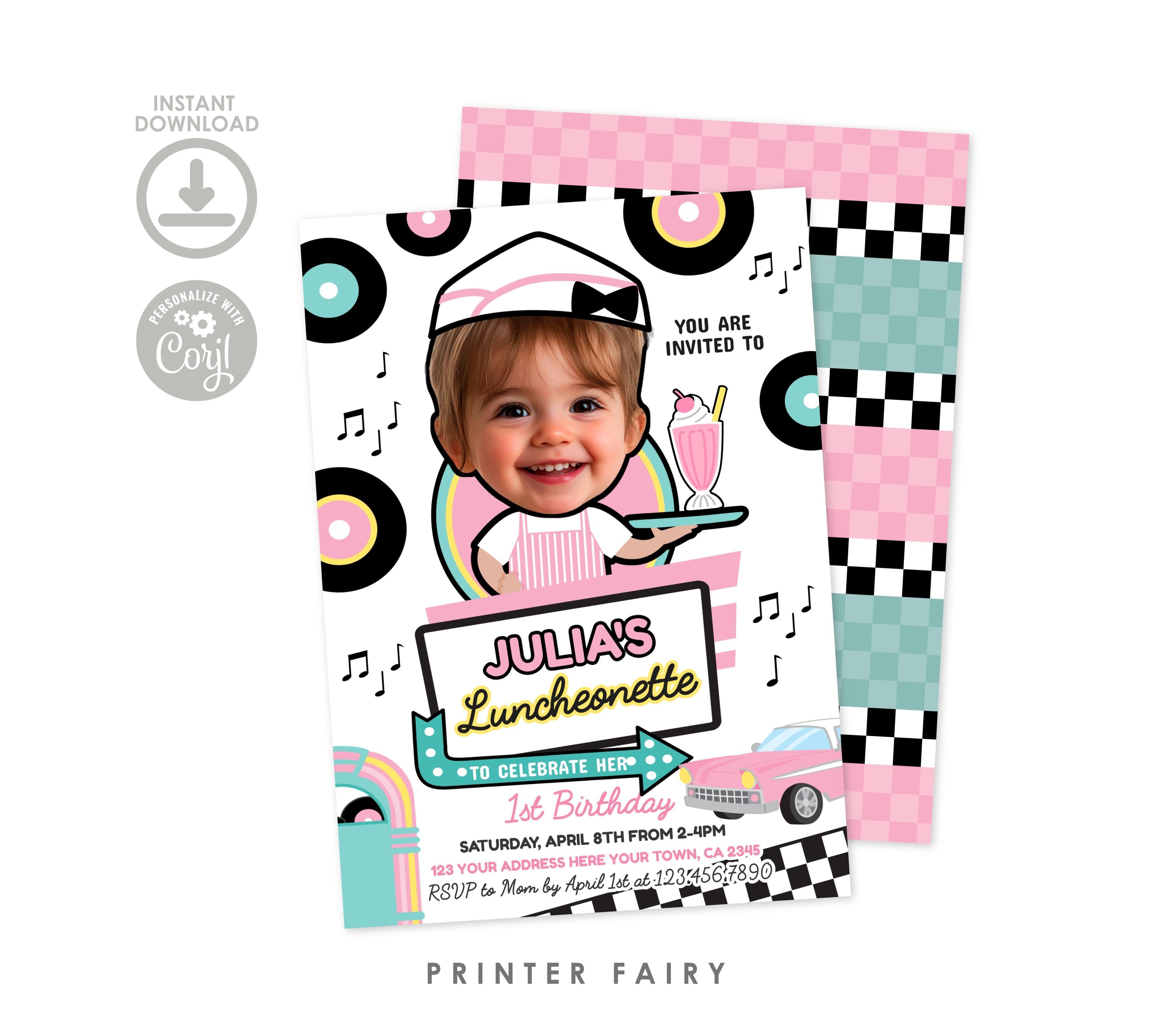 Diner Birthday Invitation, Luncheonette Theme, Photo Editable (Digital)