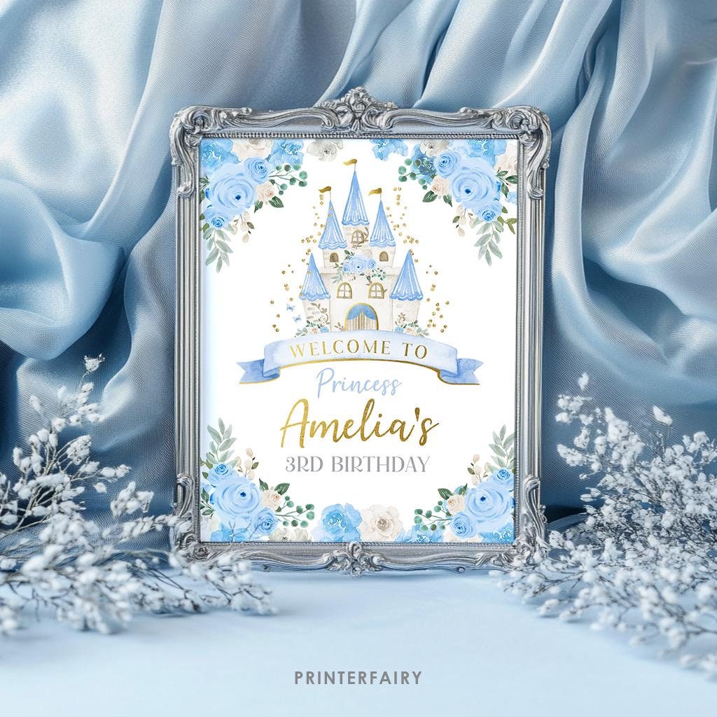 Princess Birthday Welcome Sign, Light Blue and Gold Castle (Instant Download)