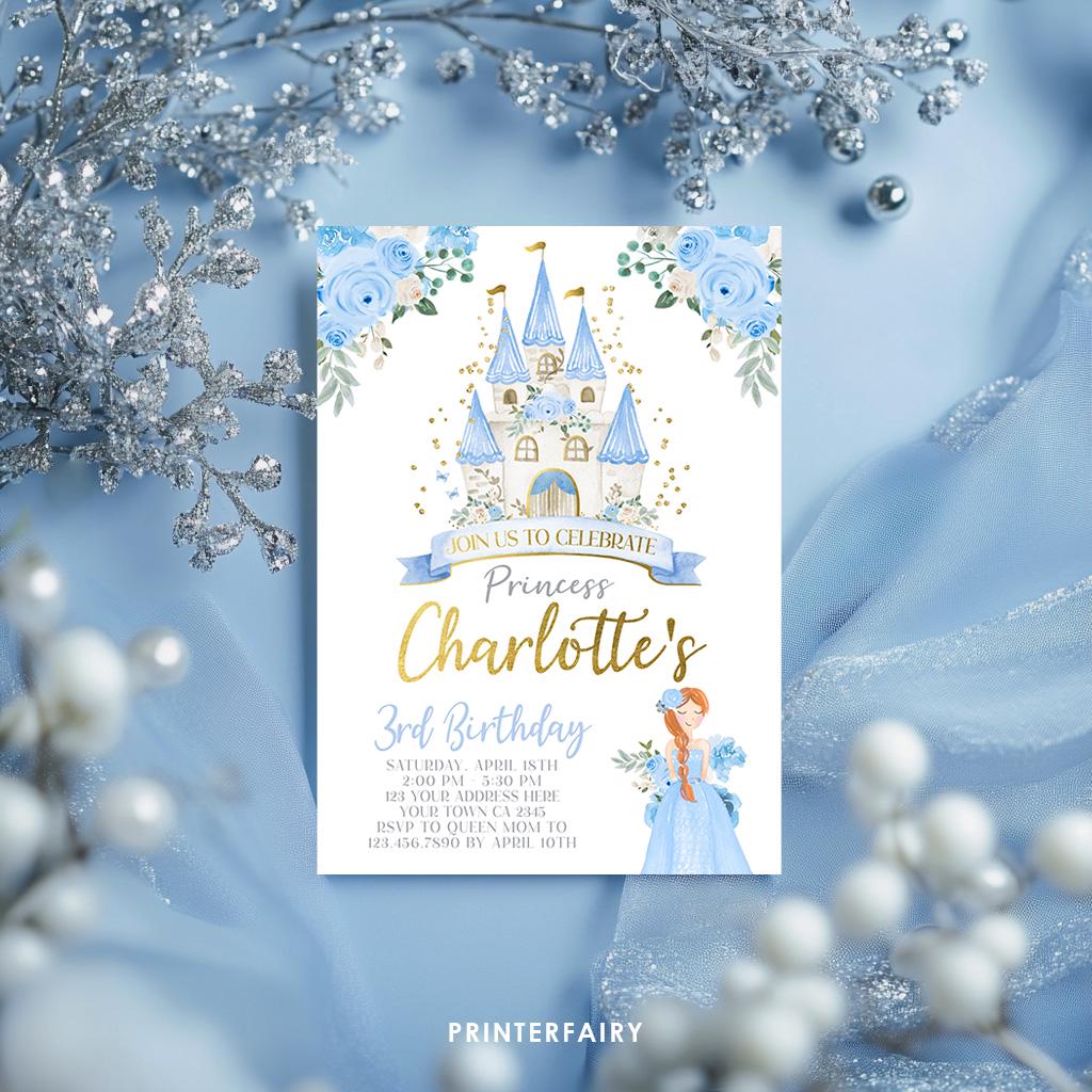 Princess Castle Birthday Invitation, Light Blue & Gold Template (INSTANT DOWNLOAD)