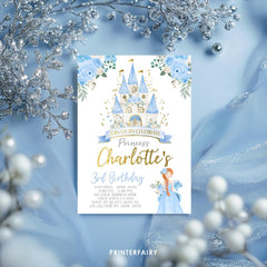 Princess Castle Birthday Invitation, Light Blue & Gold Template (INSTANT DOWNLOAD)