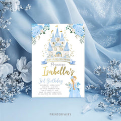 Princess Castle Birthay Party Digital Editable Printable Invitation, Light Blue and Gold, INSTANT DOWNLOAD