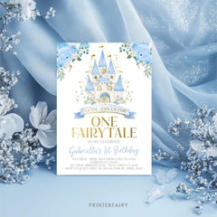 Cinderella 1st Birthday Invitation, Blue Princess Castle (Instant Download)
