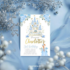 Princess Castle Birthday Invitation, Light Blue & Gold Template (INSTANT DOWNLOAD)