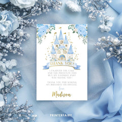 Blue Princess Castle Thank You Card, Editable Birthday Party (Digital)