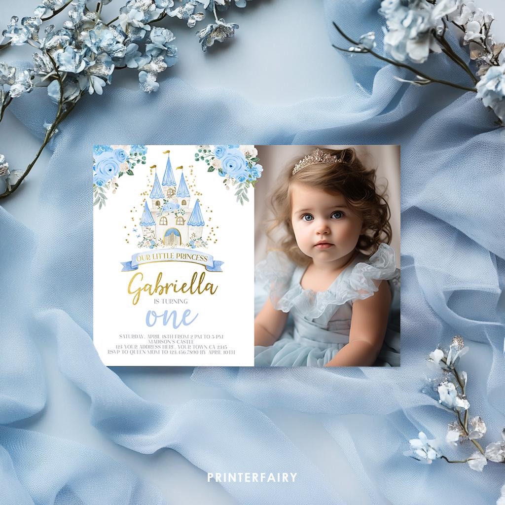 Blue Princess Castle First Birthday Photo Invitation (Editable in Corjl)