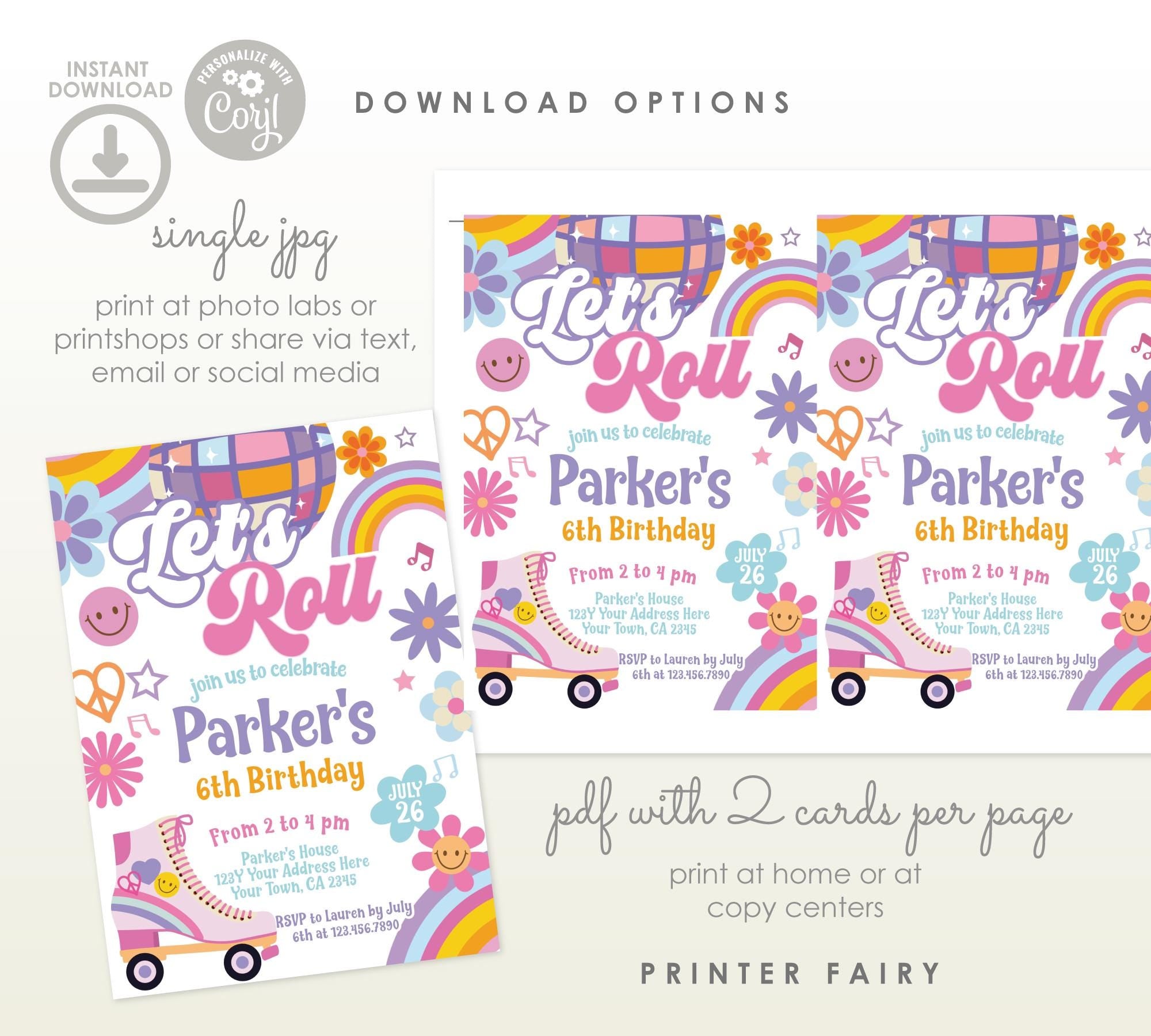 Roller Skate Birthday Party Invitation, Retro 90s Theme (Editable Template)
