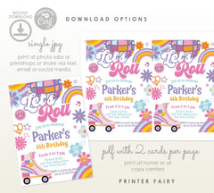 Roller Skate Birthday Party Invitation, Retro 90s Theme (Editable Template)