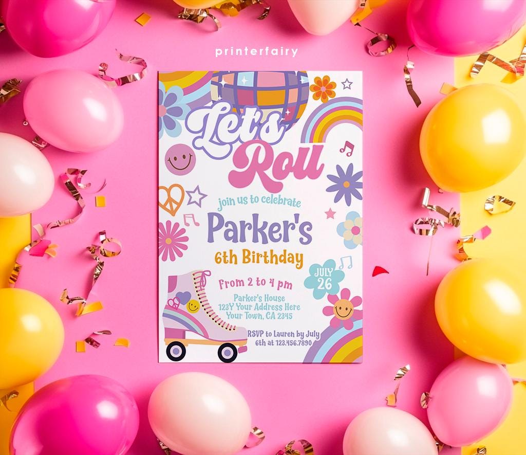 Roller Skate Birthday Party Invitation, Retro 90s Theme (Editable Template)