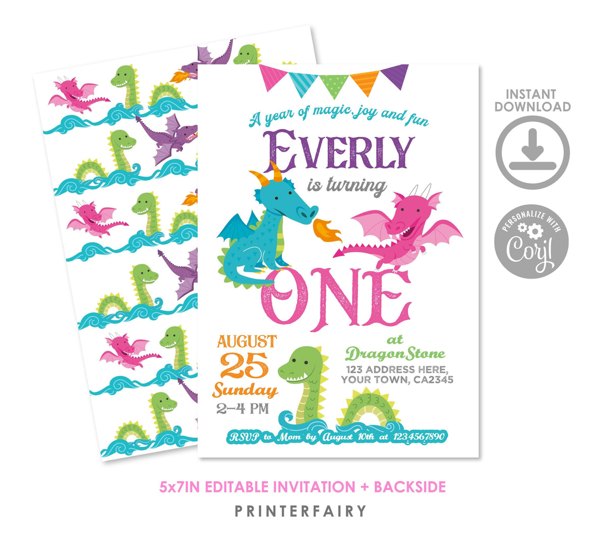 Dragon 1st Birthday Invitation Editable Template, Dragon Princess Party Theme, Digital Instant Download