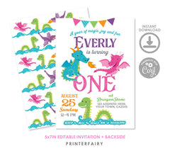 Dragon 1st Birthday Invitation Editable Template, Dragon Princess Party Theme, Digital Instant Download
