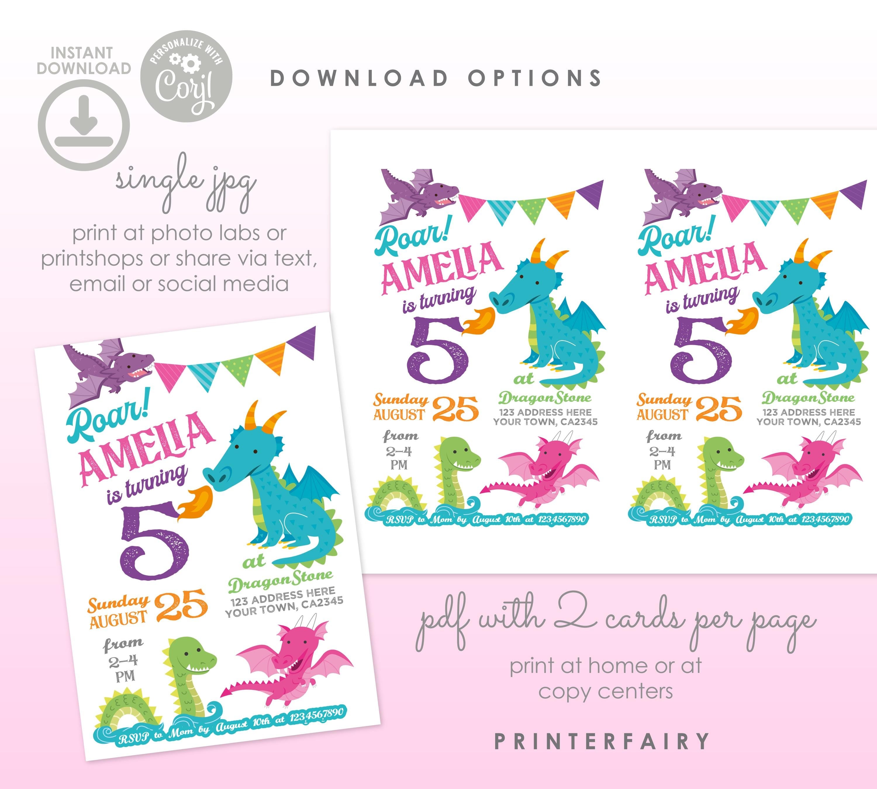Dragon Birthday Invitation, Editable Template, Princess Party Theme (Digital Download)