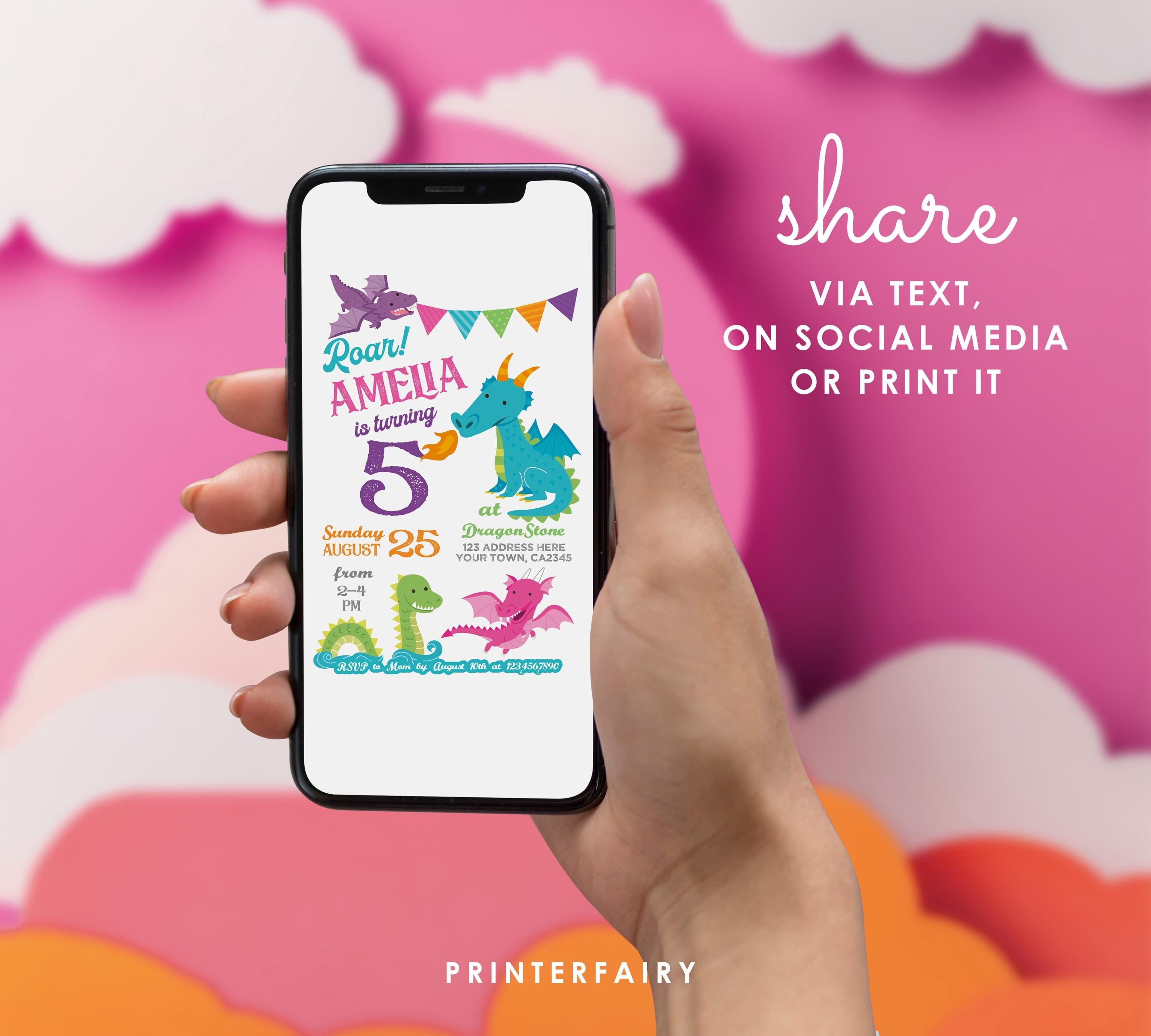 Dragon Birthday Invitation, Editable Template, Princess Party Theme (Digital Download)