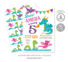 Dragon Birthday Invitation, Editable Template, Princess Party Theme (Digital Download)