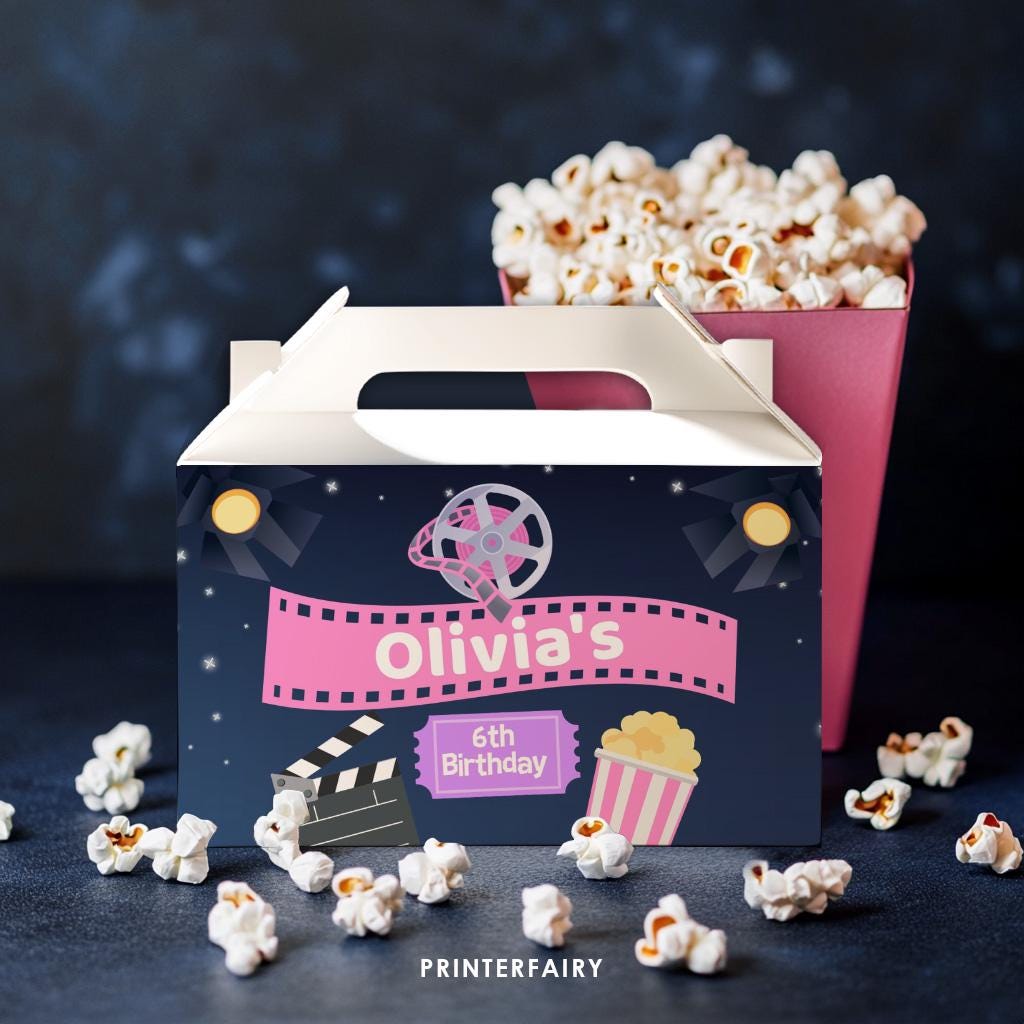 Movie Night Party Editable Printable Label Template for Party Favor Gable Box, Instant Download