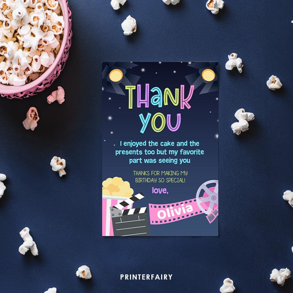 Movie Birthday Thank You Card, Editable Printable (Digital Item)