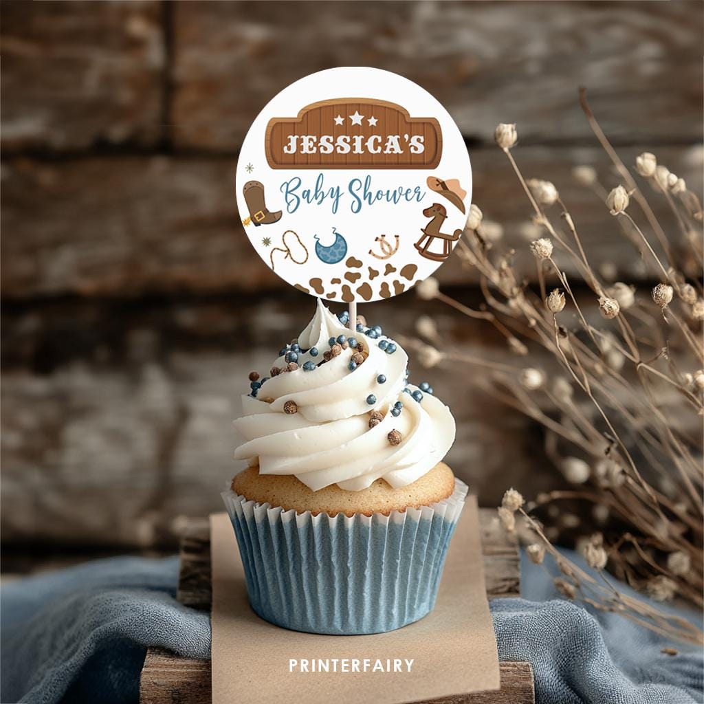 Editable Cowboy Baby Shower Cupcake Toppers (Digital Download)