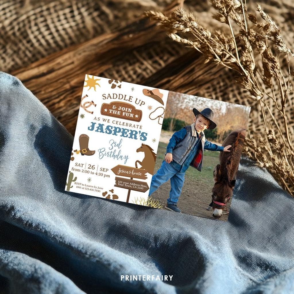 Rodeo Birthday Invitation with Photo, Wild West Party (Editable)