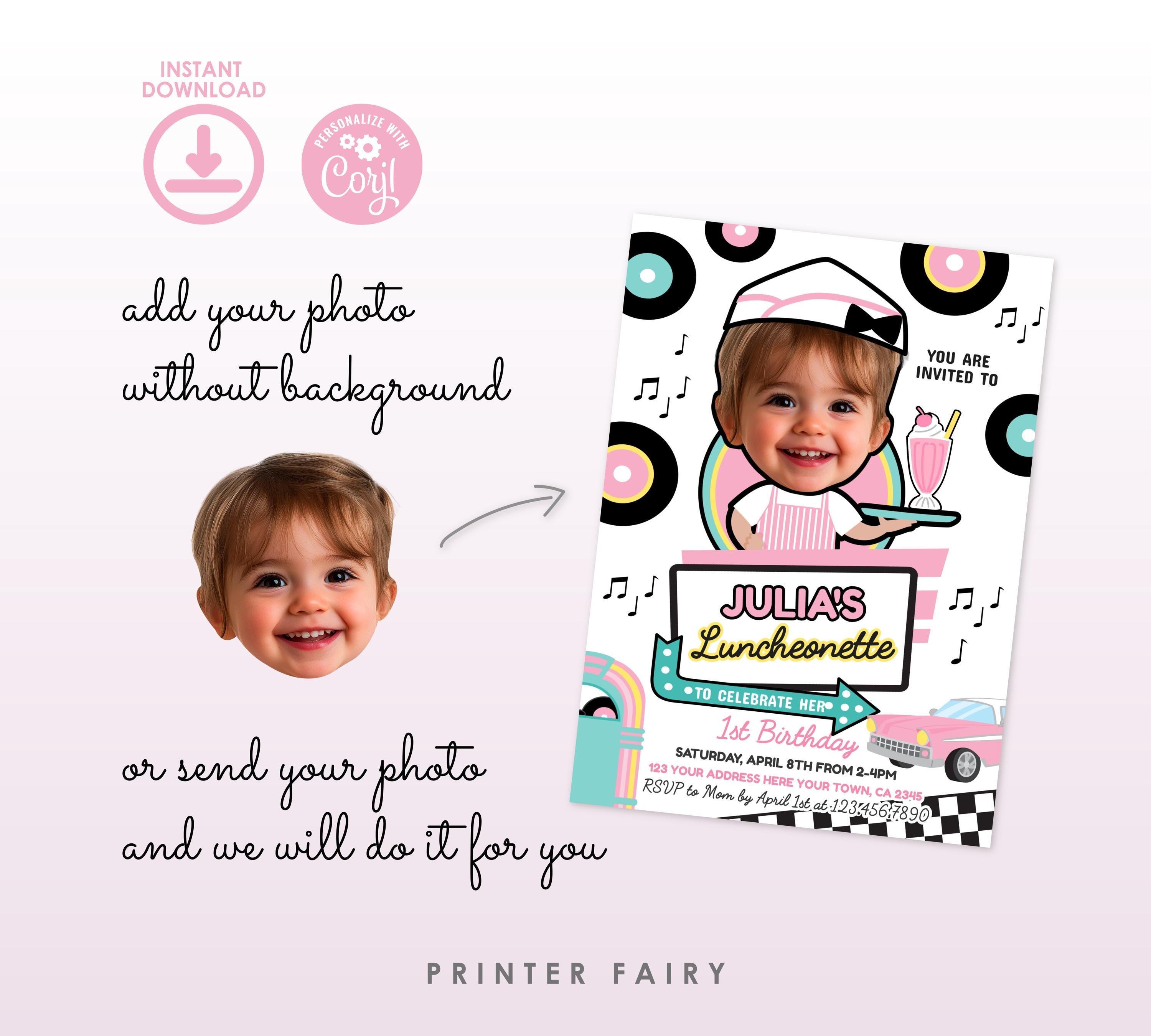 Diner Birthday Invitation, Luncheonette Theme, Photo Editable (Digital)
