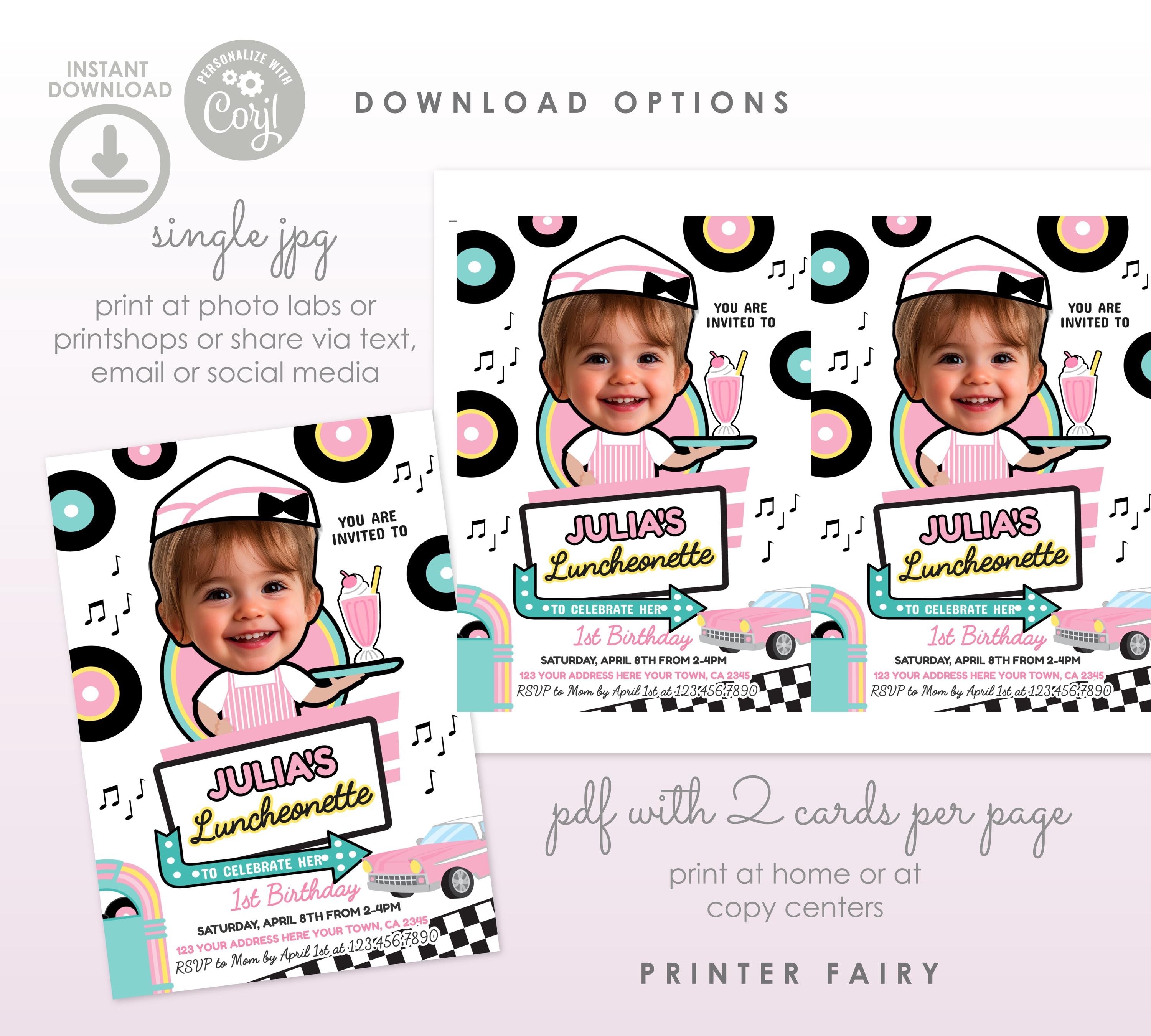 Diner Birthday Invitation, Luncheonette Theme, Photo Editable (Digital)