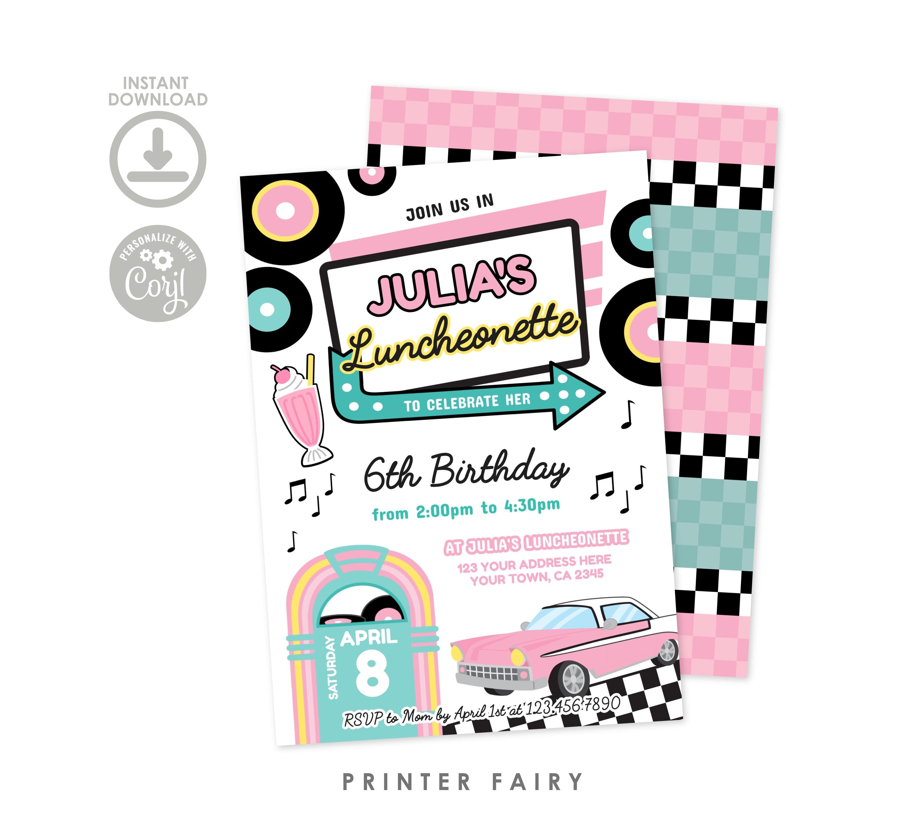 Diner Birthday Invitation, Retro Luncheonette Party, Editable Template (Digital Download)