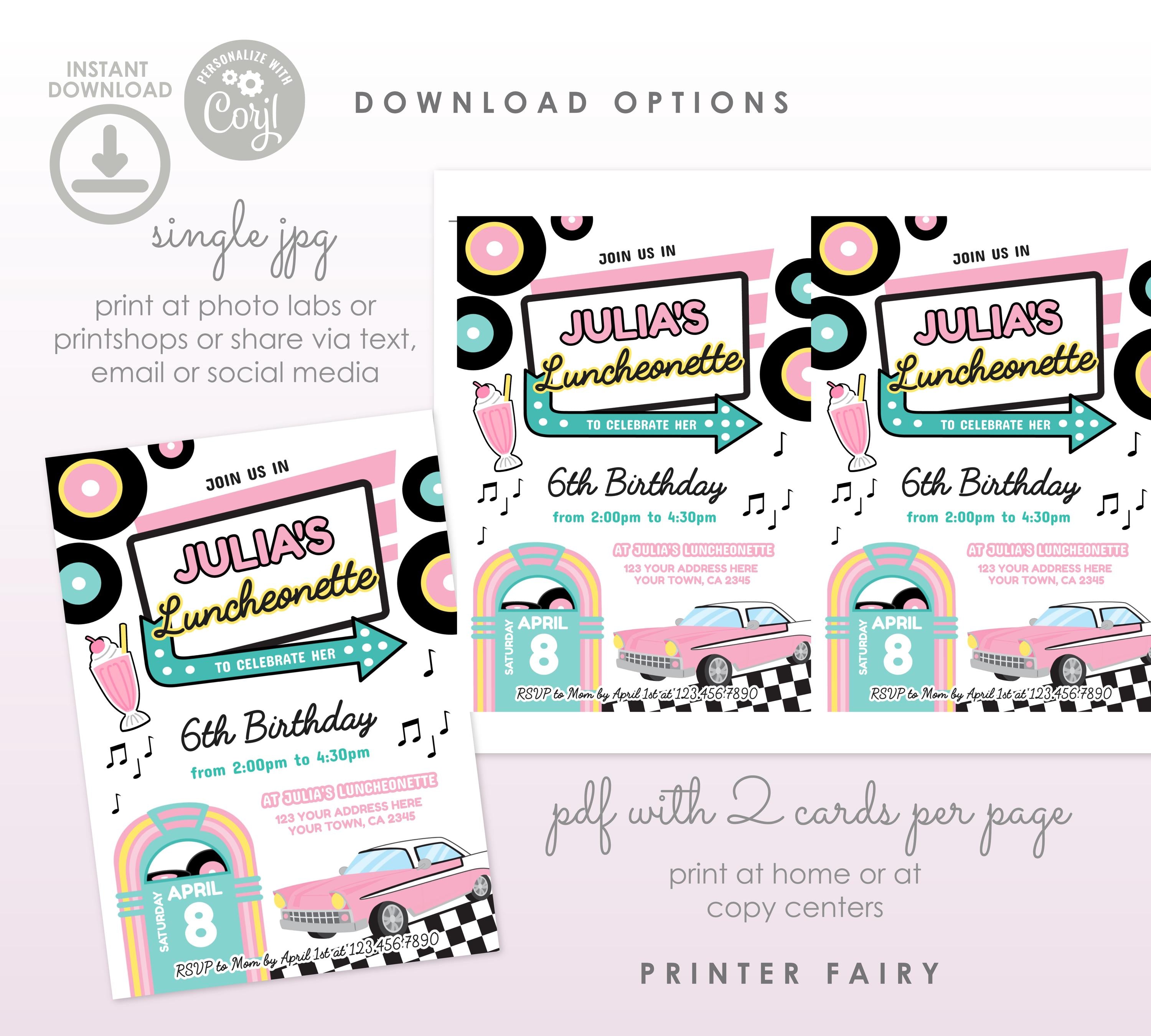 Diner Birthday Invitation, Retro Luncheonette Party, Editable Template (Digital Download)