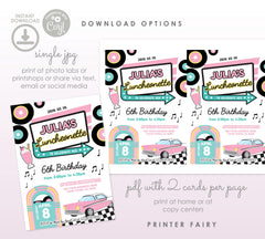 Diner Birthday Invitation, Retro Luncheonette Party, Editable Template (Digital Download)