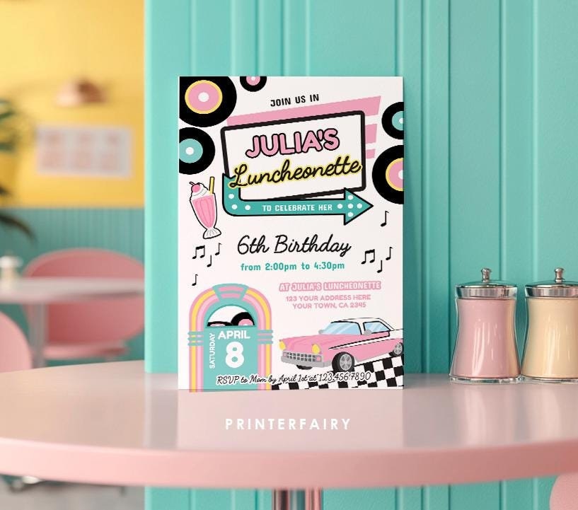 Diner Birthday Invitation, Retro Luncheonette Party, Editable Template (Digital Download)