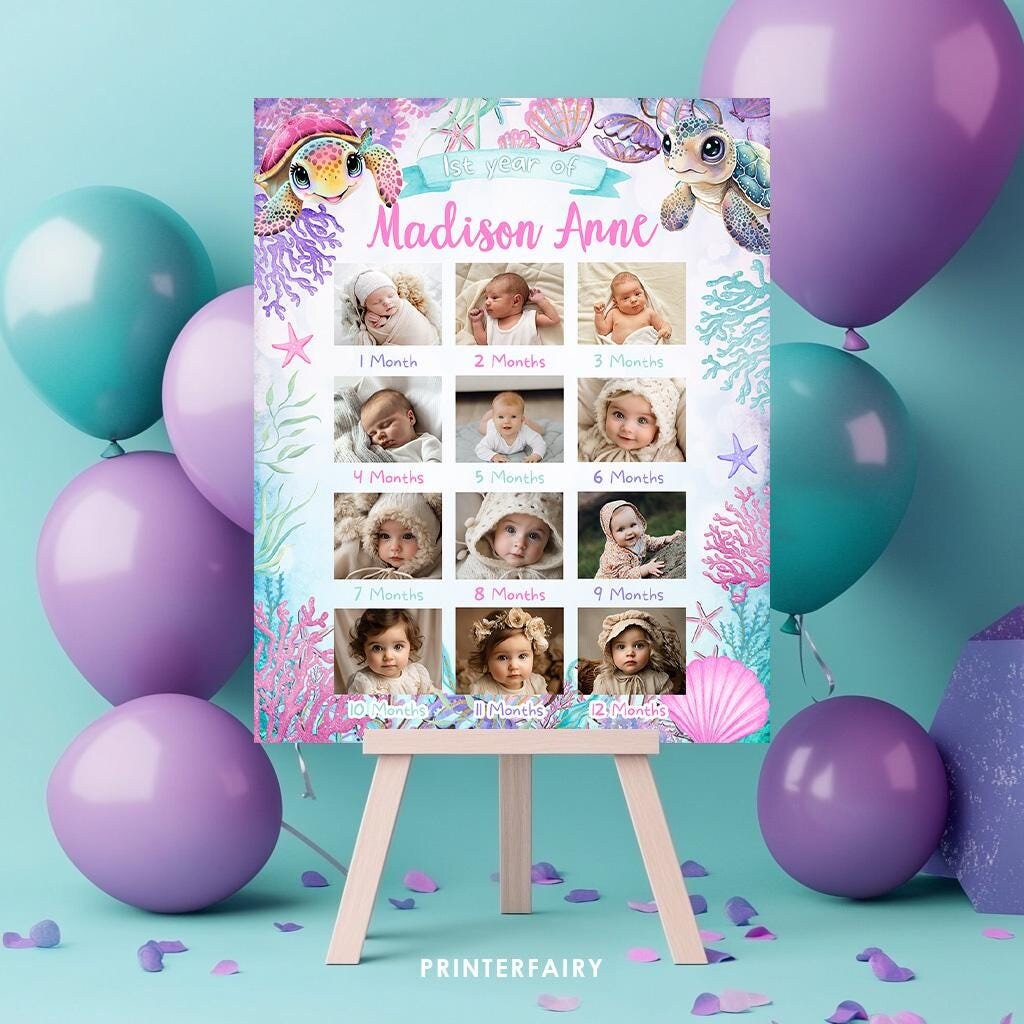 Sea Turtle Birthday Milestones Photo Board, Editable Template (Digital Download)