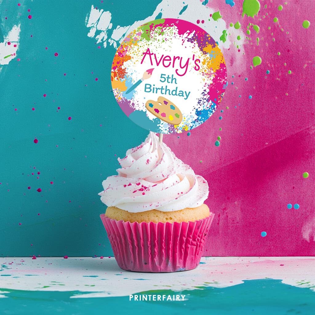 Art Birthday Party Toppers, Editable Round Labels (Digital Download)