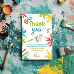 Art Birthday Thank You Card, Editable Paint Party (Digital Item)