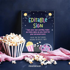 Movie Night Party Sign Template, Editable Printable (Instant Download)