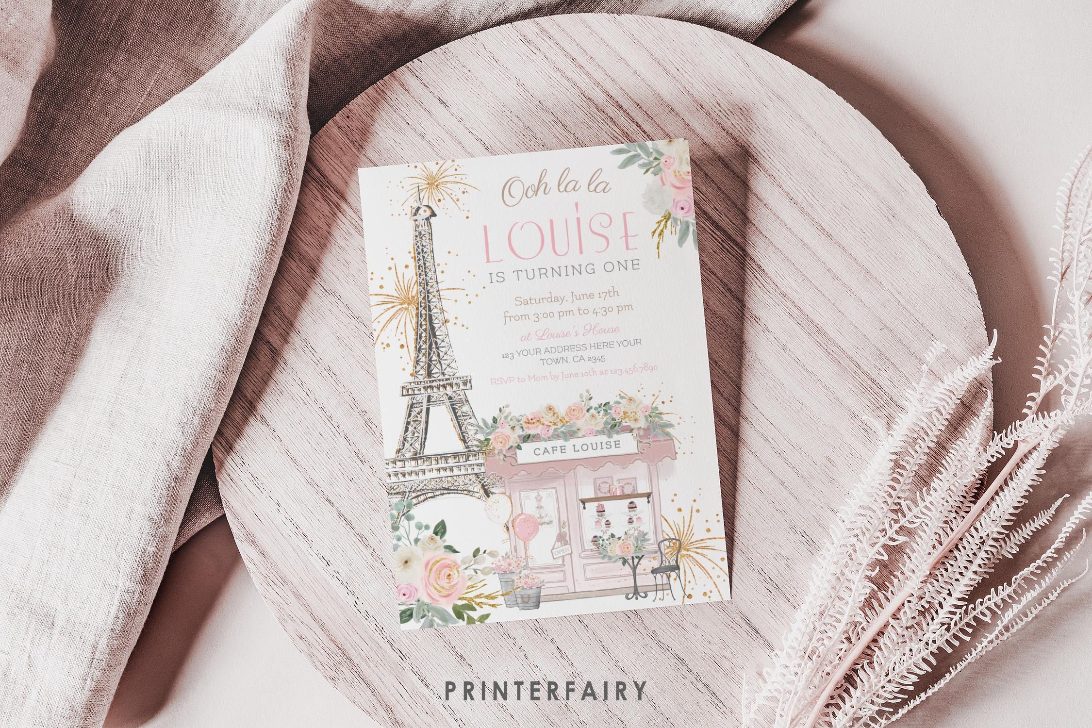 Paris 1st Birthday Invitation Editable Template, Tea Party Invite, Instant Download