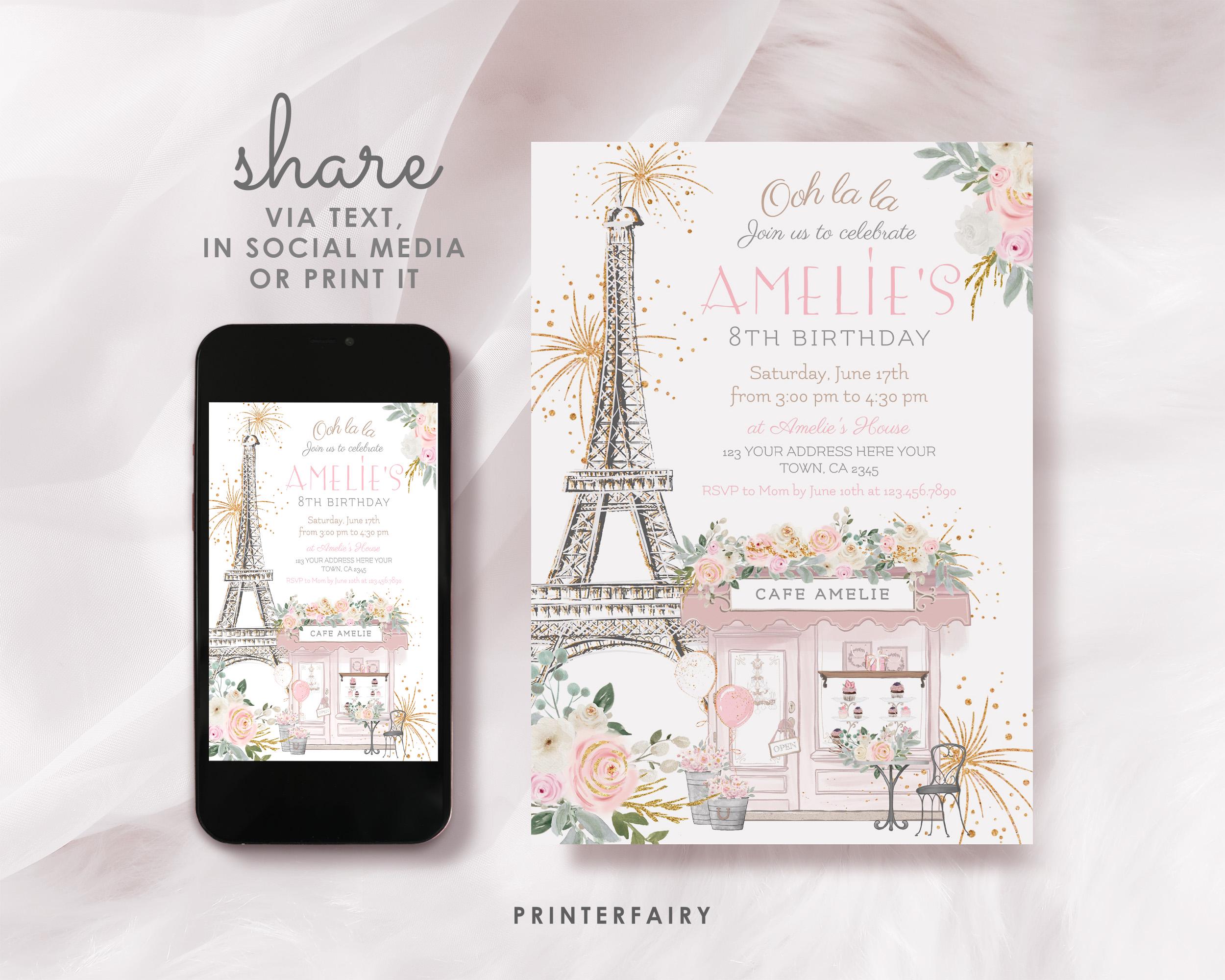 Paris Birthday Invitation Editable Template Tea Party Brunch Invite Instant Download