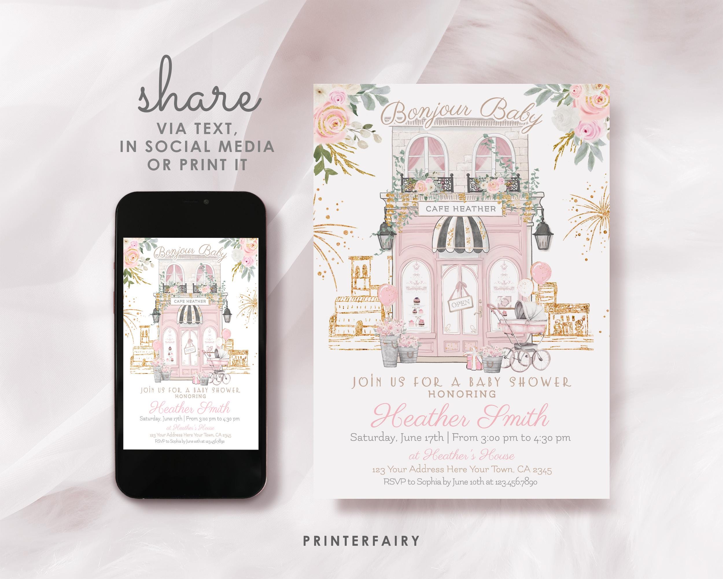 Paris Baby Shower Invitation, Editable Template (Digital Download)