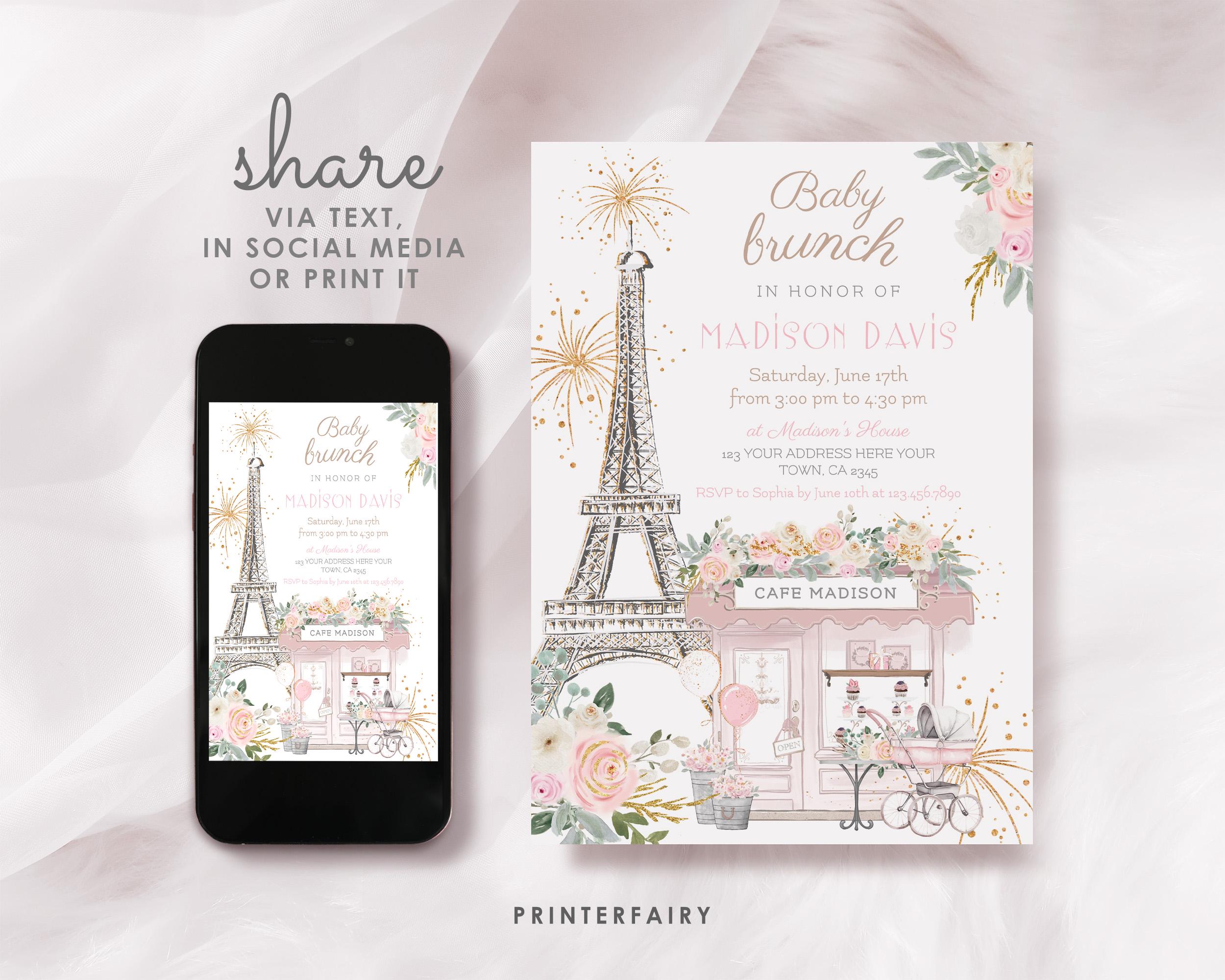 Paris Birthday Invitation Editable Template Baby Brunch Tea Party Brunch Invite Instant Download