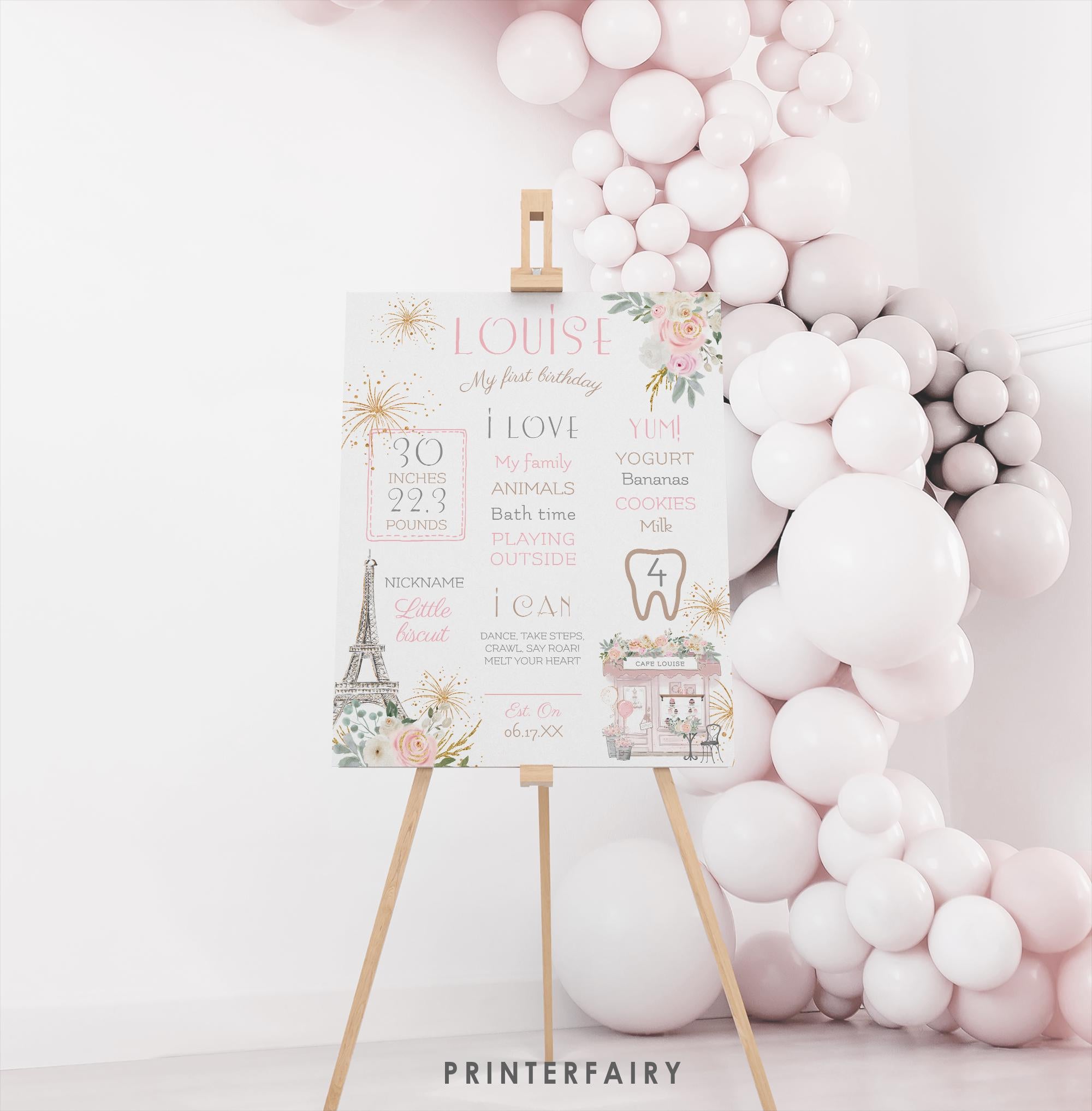 Paris 1st Birthday Milestones Board Editable Template, Instant Download